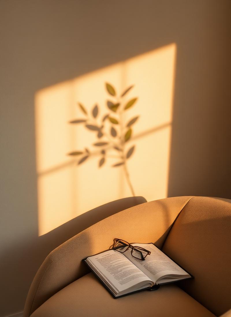 Golden hour light and plant shadows over an open book