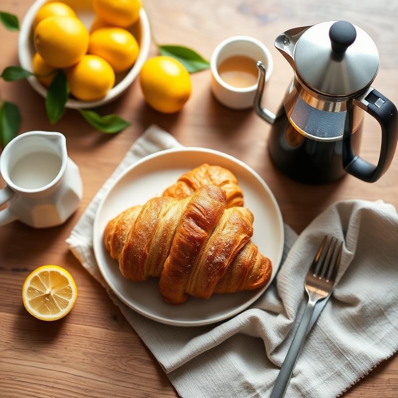 Breakfast of croissants, coffee and fresh lemons